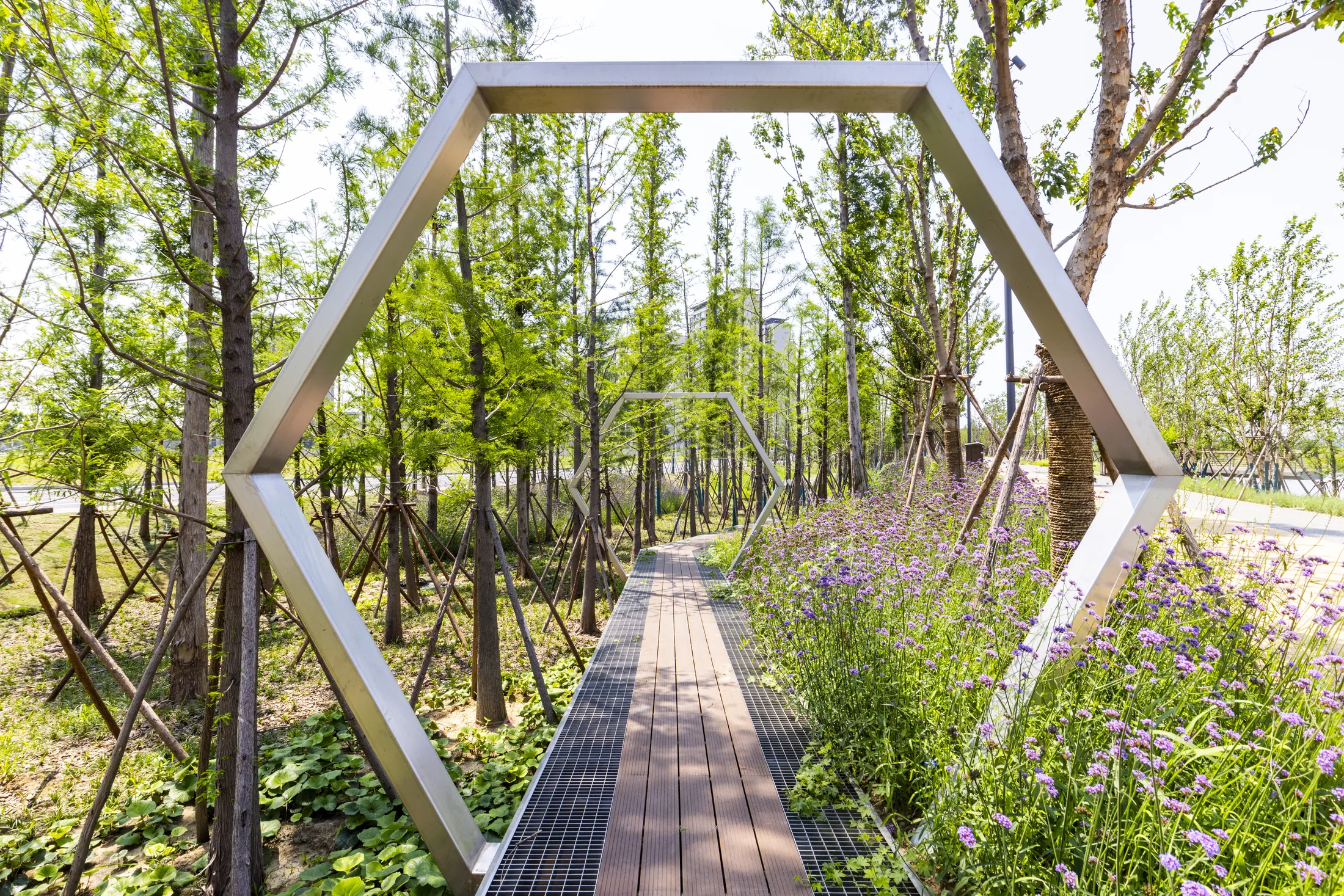 Geometric boardwalk at Changzhou Changbei Riverfront Landscape Belt