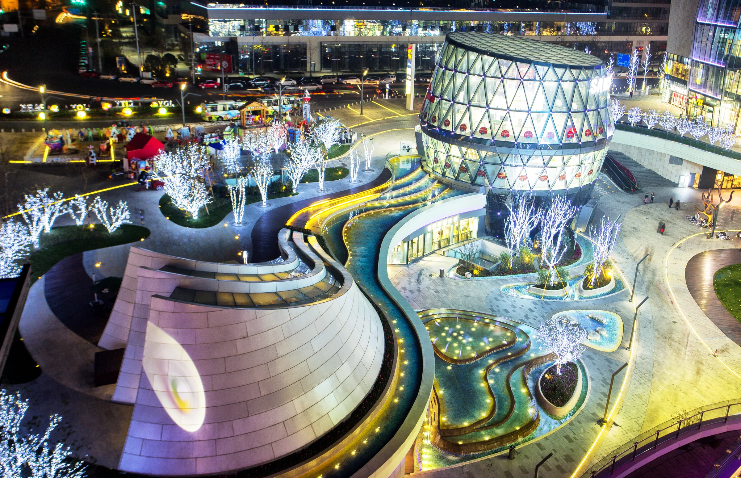 Night aerial view of Chengdu Joy City landscape