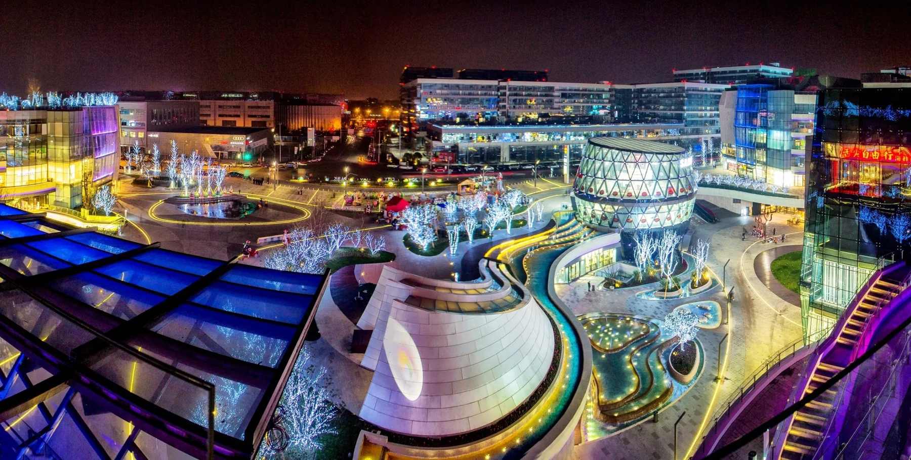 Night aerial view of Chengdu Joy City landscape