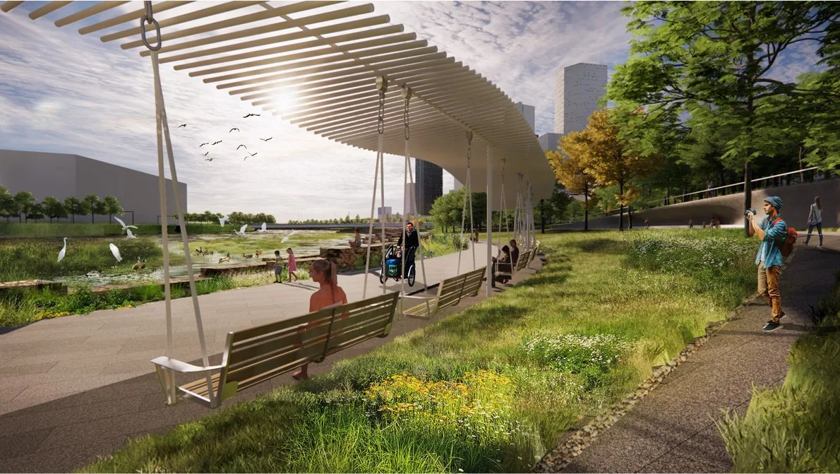 Rendering of a nature school pavilion in the coastal landscape
