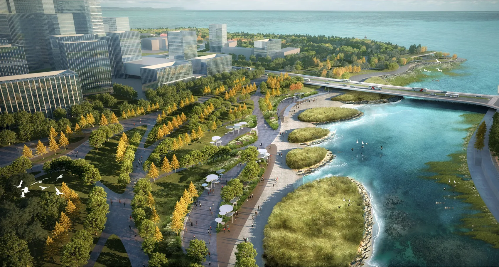 Rendering of waterfront parkland and ecological water edge