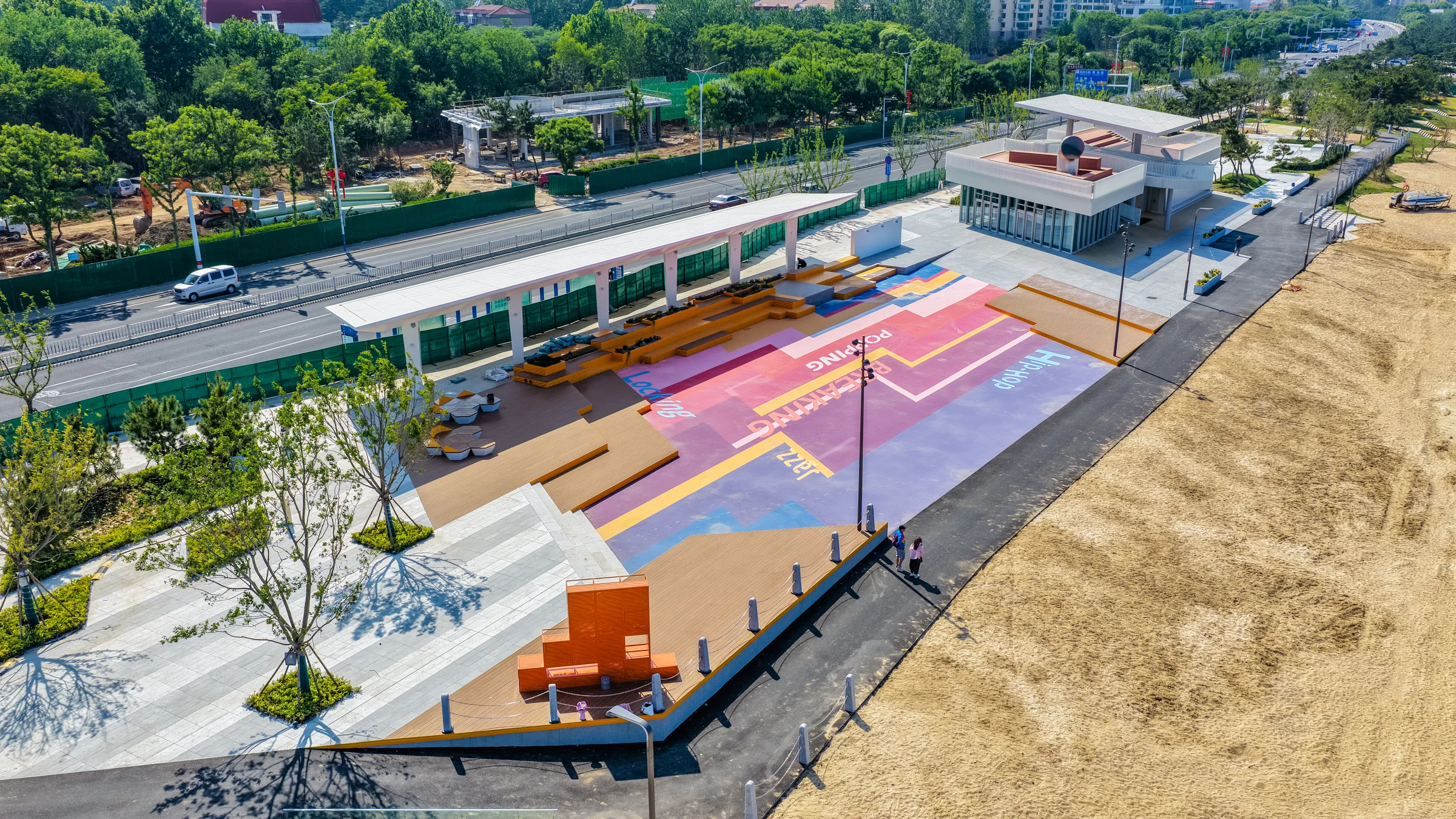Aerial view of event plaza at Yantai Coastal Line Demo Area