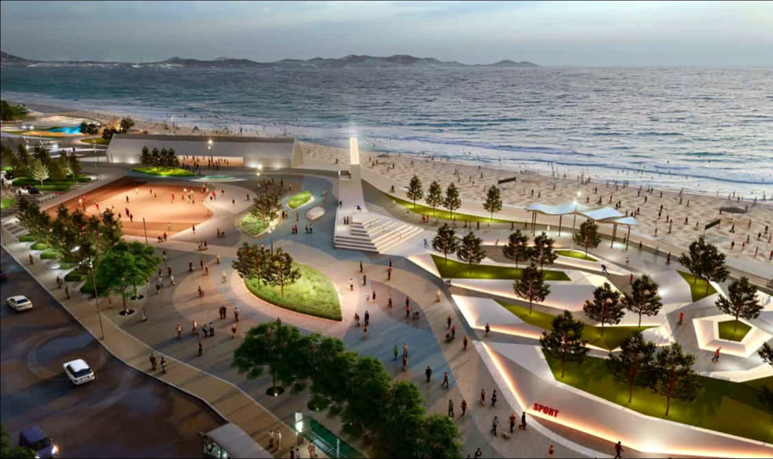 Evening aerial view of Yantai Golden Beach Yangfan Plaza