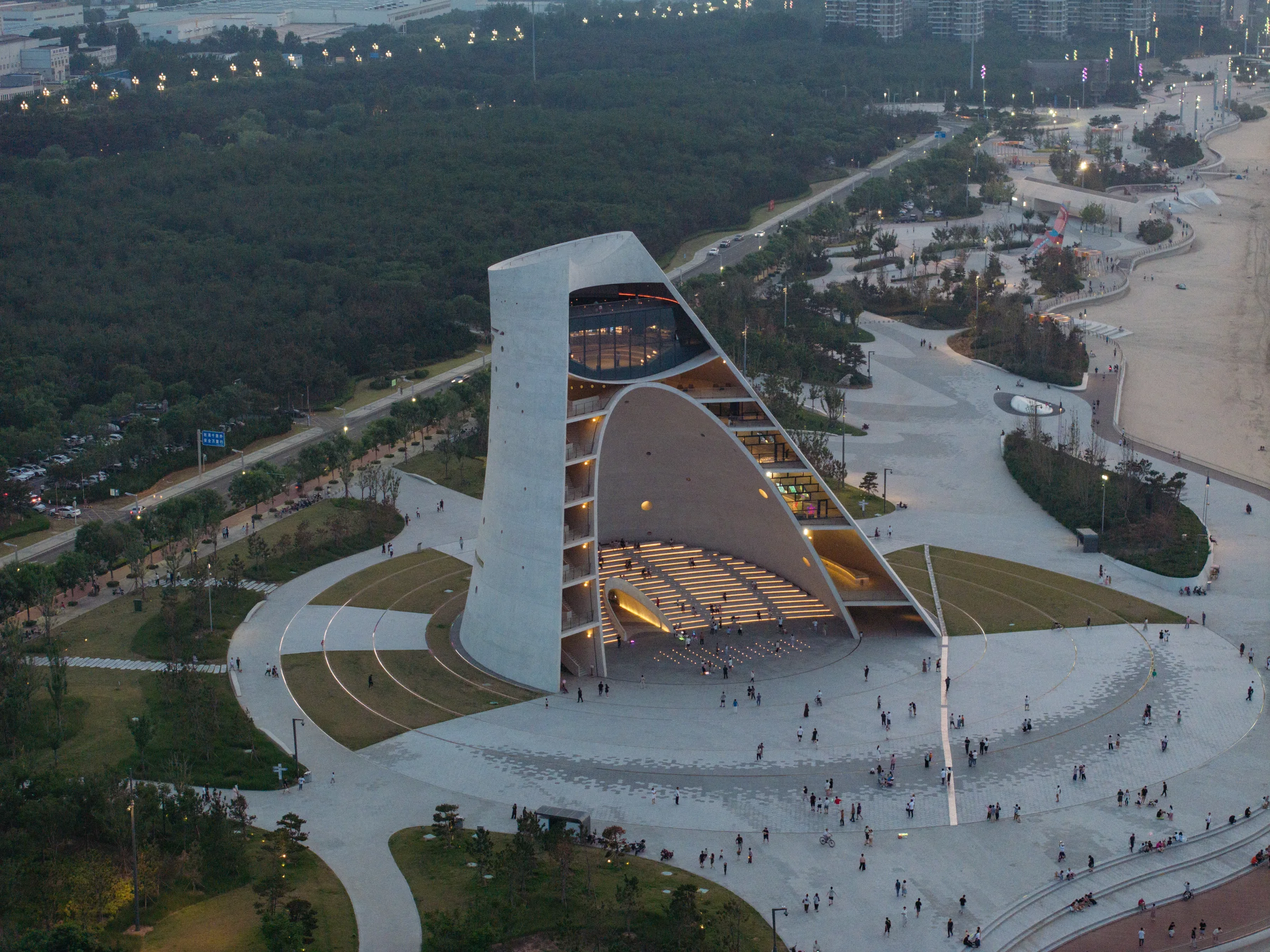 Evening aerial view of the Sun Tower plaza