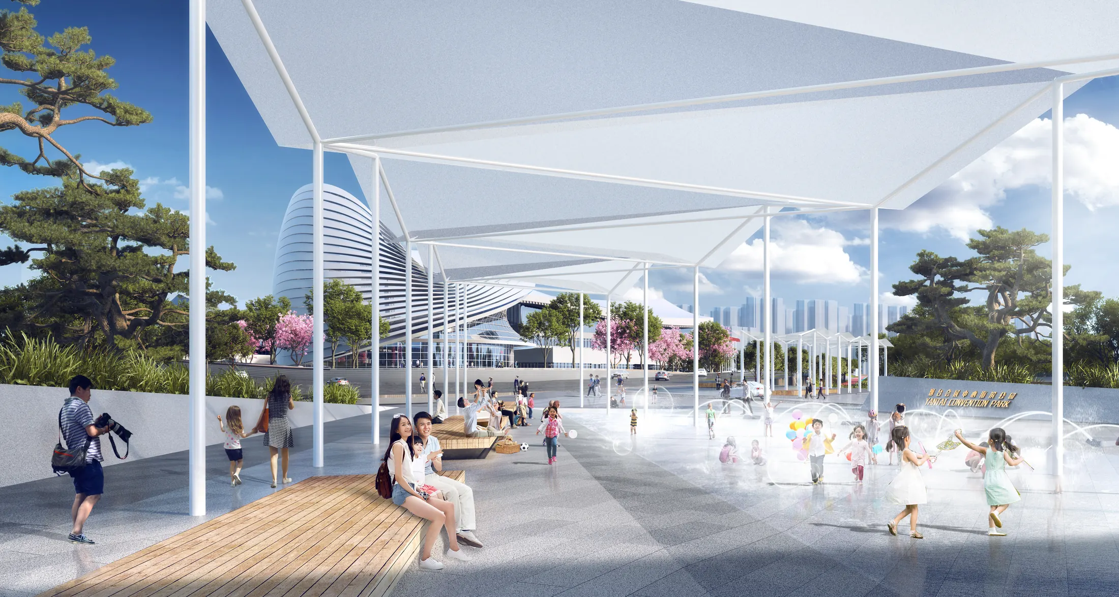Shaded waterfront plaza at Yantai International Convention Center Coastal Park